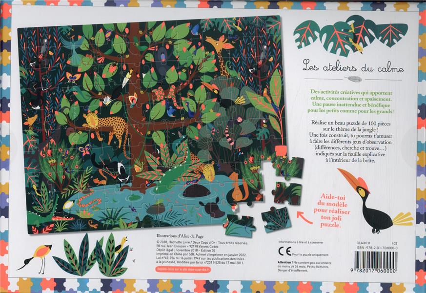 Back cover of Les ateliers du calme : puzzle jungle ; 1 puzzle 100 pièces et des jeux d'observation