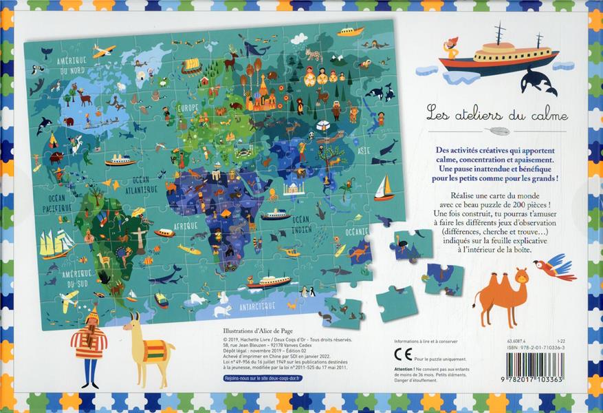 Back cover of Les ateliers du calme : puzzle monde ; avec des jeux d'observation !