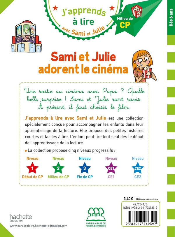 Back cover of J'apprends à lire avec Sami et Julie : CP niveau 2 ; Sami et Julie adorent le cinéma