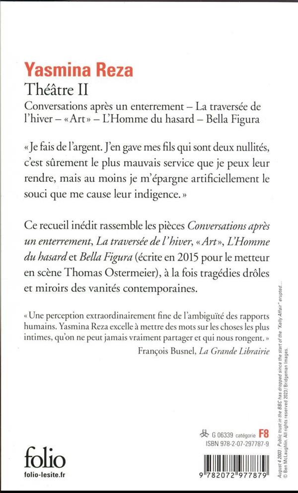 Back cover of Théâtre II : conversations après un enterrement, la traversée de l'hiver, "art", l'homme du hasard, bella figura