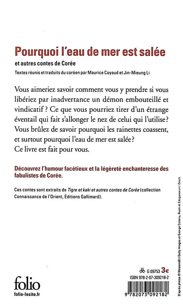 Back cover of Pourquoi l'eau de mer est salée et autres contes de Corée (Traduction conjointe de Philippe Leconte, Juliette Bourdin et Yehudi Menuhin)