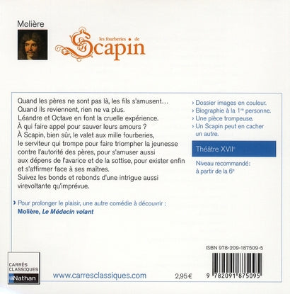 Back cover of Les fourberies de Scapin (texte intégral ; commentaires Cécile de Cazanove)