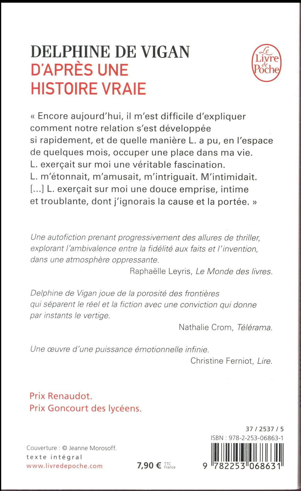 Back cover of D'après une histoire vraie (prix Renaudot, prix Goncourt des lycéens)