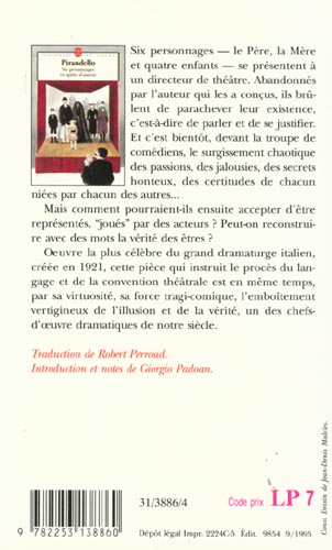Back cover of Six personnages en quête d'auteur (introduction et notes Giorgio Padoan)