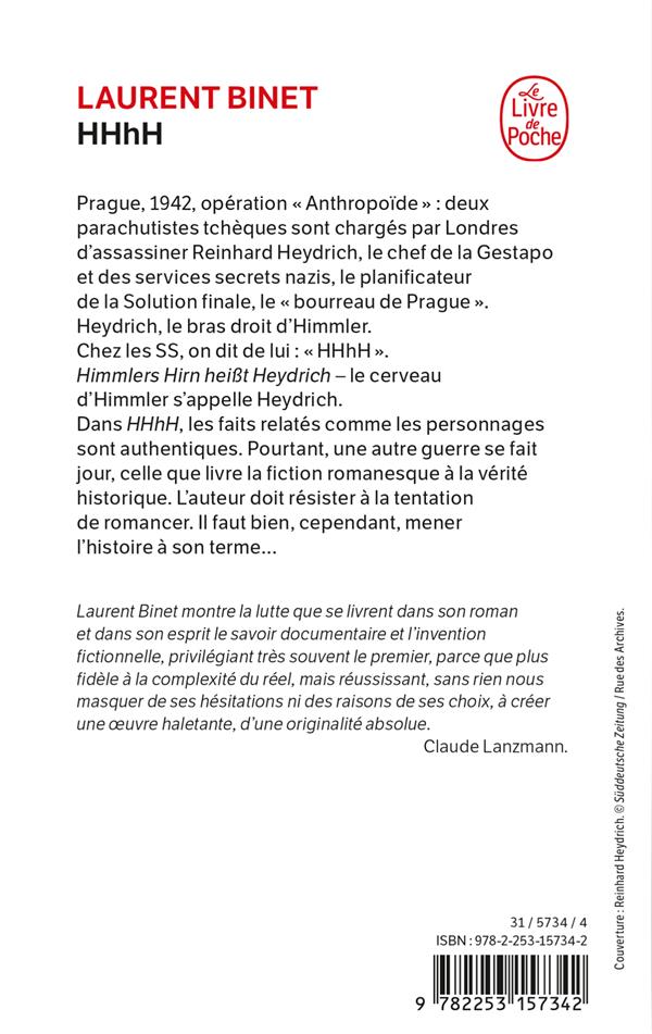 Back cover of HHhH (PRIX GONCOURT DU PREMIER ROMAN 2010 ; PRIX DES LECTEURS DU LIVRE DE POCHE 2011)