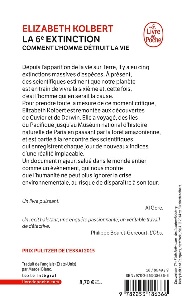 Back cover of La 6e extinction ; comment l'homme détruit la vie (prix Pulitzer 2015)