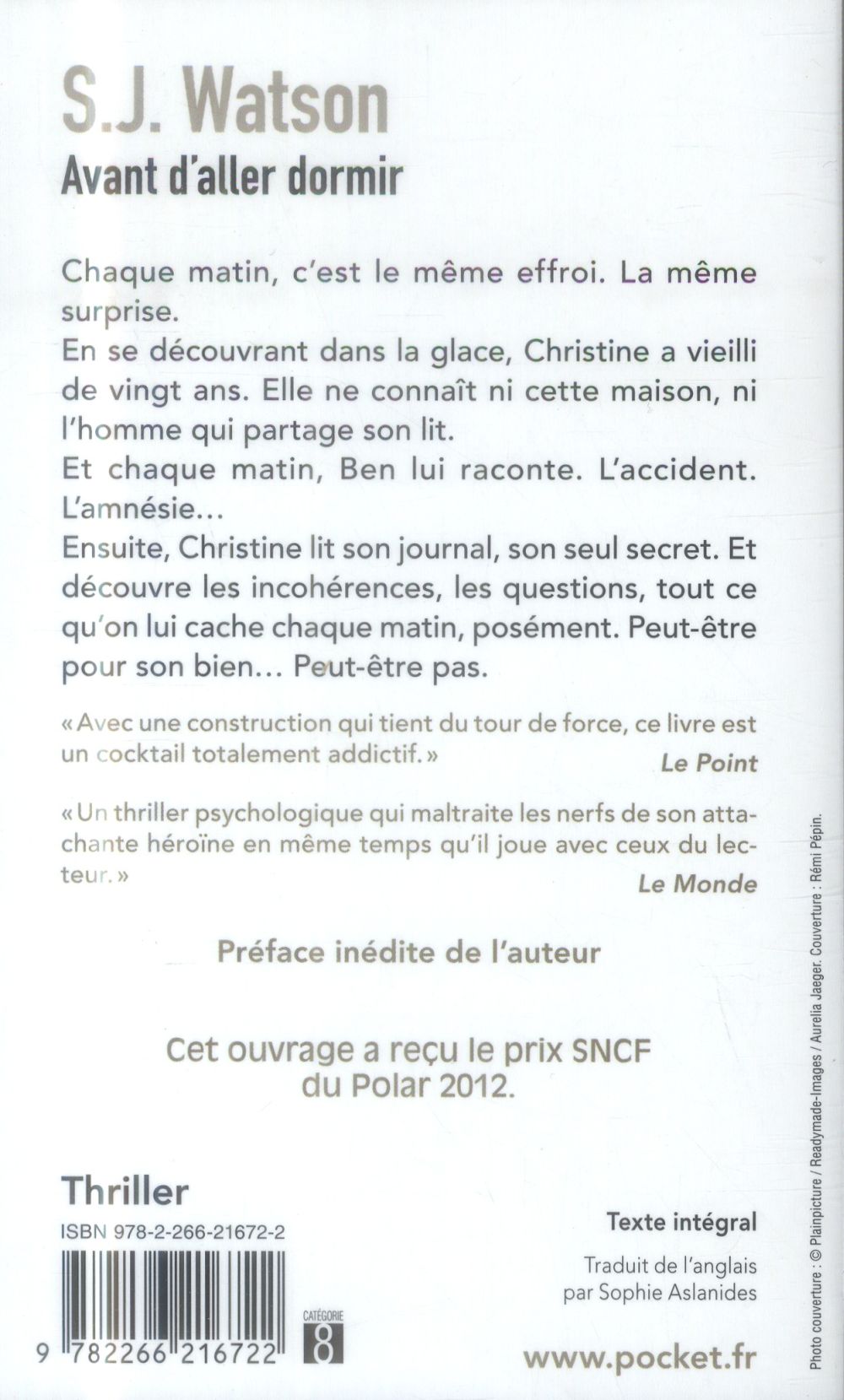Back cover of Avant d'aller dormir (prix SNCF du polar 2012)