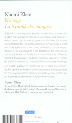 Back cover of No logo ; la tyrannie des marques