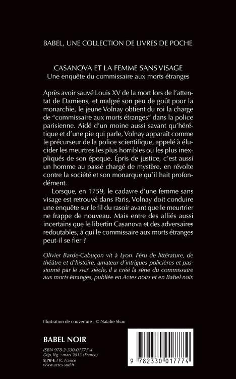 Back cover of Casanova et la femme sans visage (prix Sang d'Encre 2012)