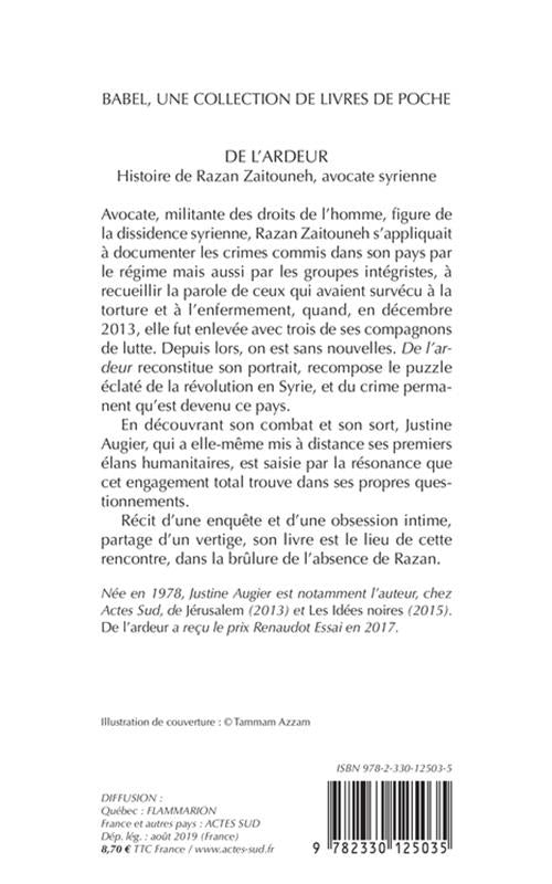 Back cover of De l'ardeur ; histoire de Razan Zaitouneh, avocate syrienne