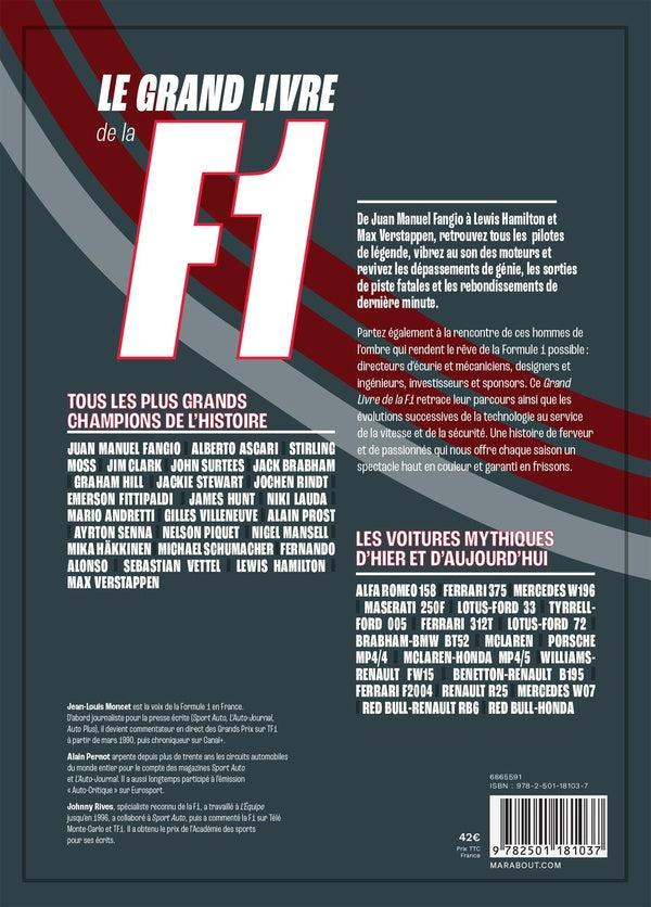 Back cover of Le grand livre de la F1 : 80 ans de bruit et de fureur (préface Alain Prost)