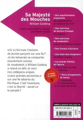 Back cover of Sa majesté des mouches (coédition Gallimard ; texte intégral ; dossier Nicolas Saulais)