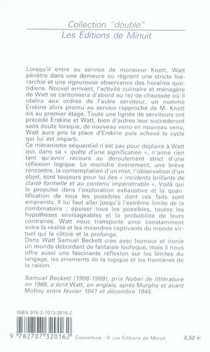 Back cover of Watt (Traduction conjointe par Agnès Janvier en collaboration avec l'auteur)