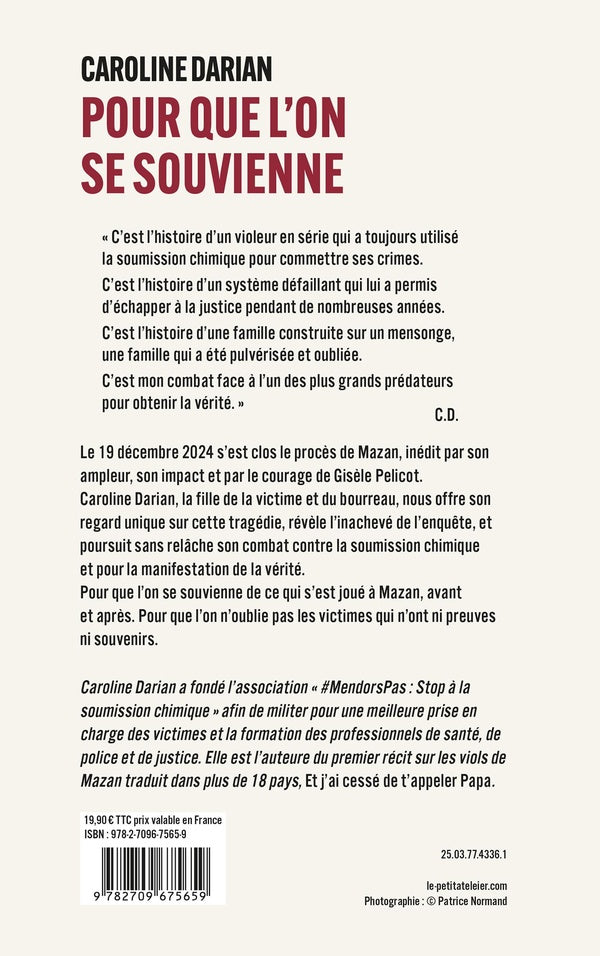 Back cover of Pour que l'on se souvienne : Après le procès de Mazan, le combat pour toutes les victimes de soumission chimique