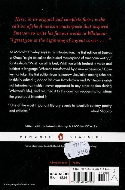 Back cover of Leaves of grass                     (édition en anglais)