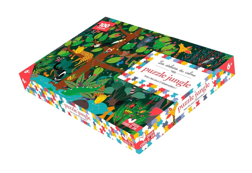Front cover of Les ateliers du calme : puzzle jungle ; 1 puzzle 100 pièces et des jeux d'observation