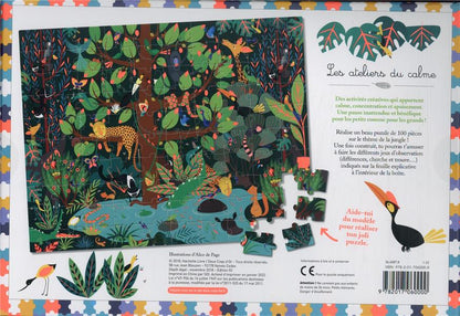 Back cover of Les ateliers du calme : puzzle jungle ; 1 puzzle 100 pièces et des jeux d'observation