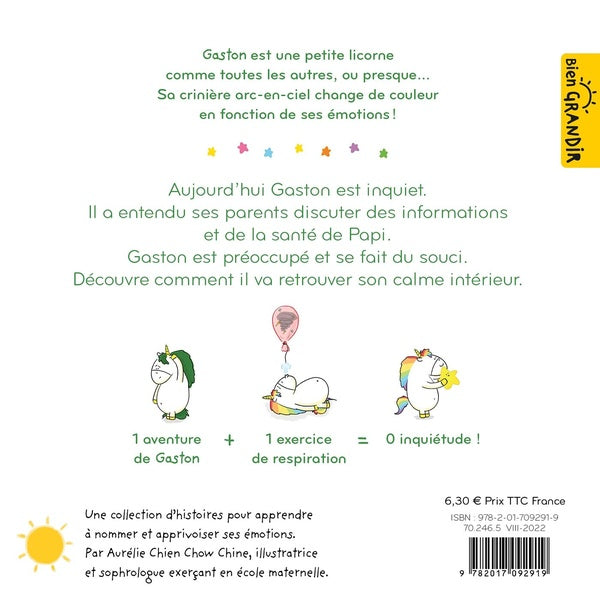 Back cover of Gaston la licorne : les émotions de Gaston : je suis inquiet