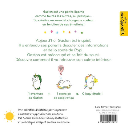 Back cover of Gaston la licorne : les émotions de Gaston : je suis inquiet