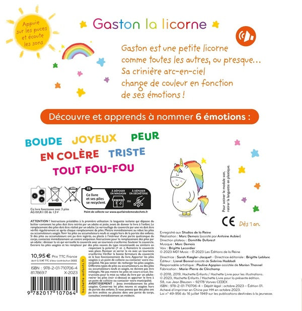 Back cover of Gaston la licorne : les émotions de Gaston : mes premières émotions avec Gaston la licorne