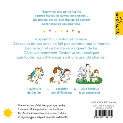 Back cover of Gaston la licorne : les émotions de Gaston : Je suis différent comme tout le monde
