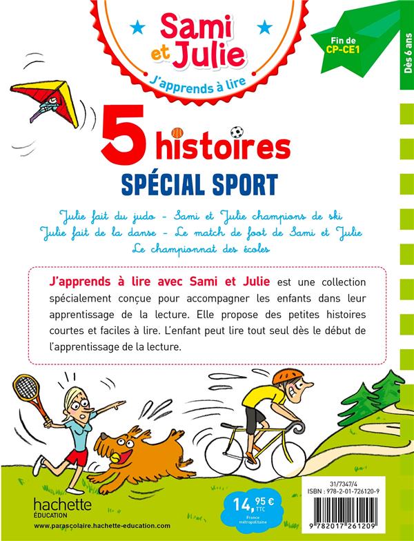 Back cover of J'apprends à lire avec Sami et Julie : Fin CP- CE1 ; 5 histoires Spécial sport