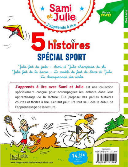 Back cover of J'apprends à lire avec Sami et Julie : Fin CP- CE1 ; 5 histoires Spécial sport