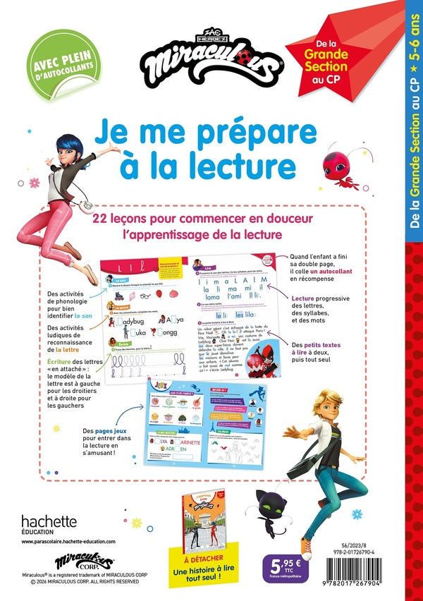 Back cover of Miraculous ; Je me prépare à la lecture ; De la Grande Section au CP