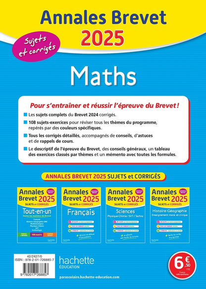Back cover of Annales brevet : Maths ; 3e ; Sujets et corrigés (édition 2025)