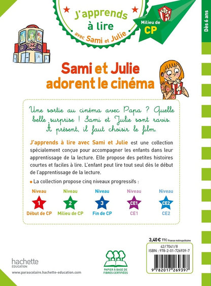 Back cover of J'apprends à lire avec Sami et Julie : CP niveau 2 ; Sami et Julie adorent le cinéma