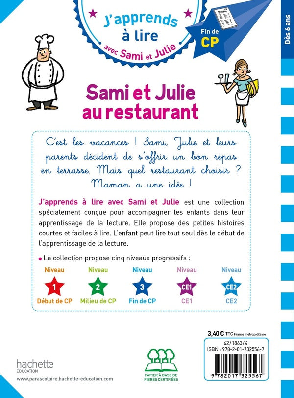 Back cover of J'apprends à lire avec Sami et Julie : CP niveau 3 ; Sami et Julie au restaurant