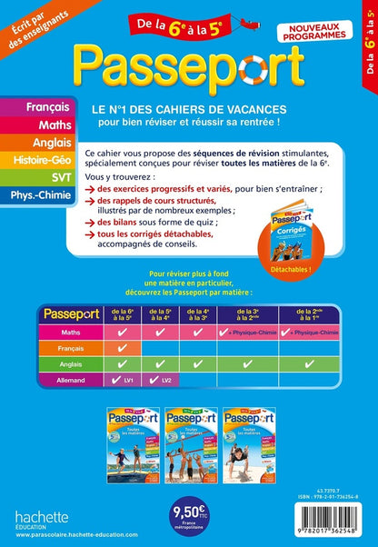 Back cover of Passeport : Toutes les matières ; Cahier de vacances ; De la 6e à la 5e