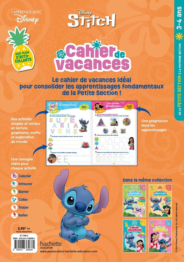 Back cover of Cahier de vacances Disney : Stitch ; De la Petite Section à la Moyenne Section (édition 2026)