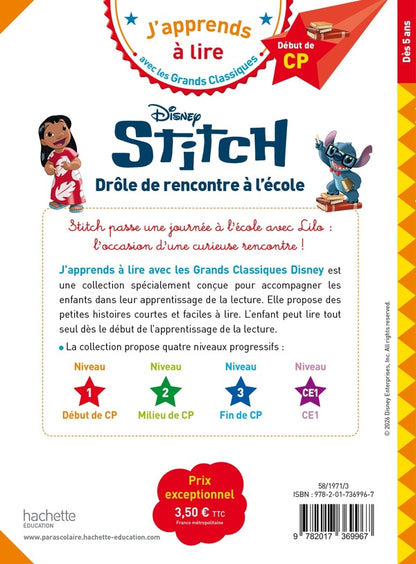 Back cover of J'apprends à lire avec les grands classiques Disney : CP niveau 1 ; Stitch : Drôle de rencontre à l'école