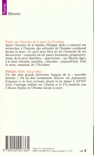 Back cover of Essais sur l'histoire de la mort en occident . du moyen age a nos jours