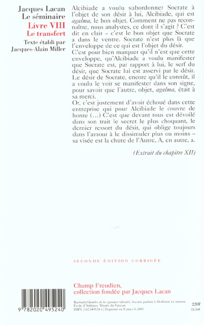 Back cover of Le seminaire livre viii, tome 8 - le transfert (1960-1961)                     (TEXTE ETABLI PAR JACQUES-ALAIN MILLER)