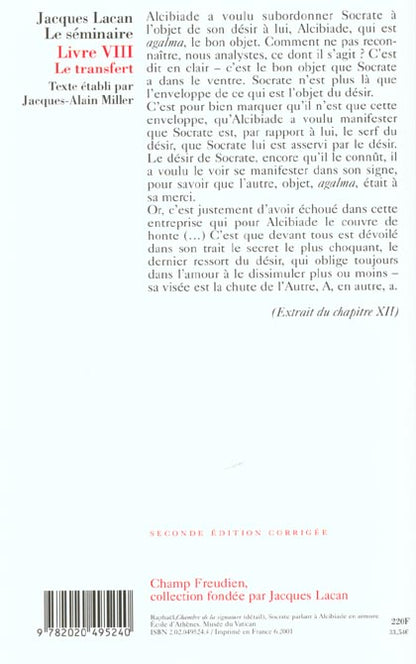 Back cover of Le seminaire livre viii, tome 8 - le transfert (1960-1961)                     (TEXTE ETABLI PAR JACQUES-ALAIN MILLER)