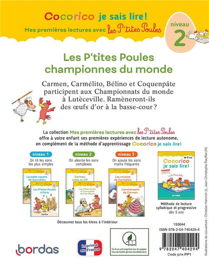Back cover of Cocorico je sais lire ! Mes premières lectures avec les P'tites Poules : Les P'tites Poules championnes du Monde ; Niveau 2