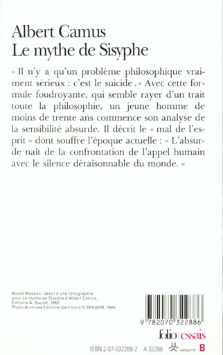 Back cover of Le mythe de sisyphe (essai sur l'absurde)
