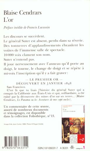 Back cover of L'or                     (préface Francis Lacassin)