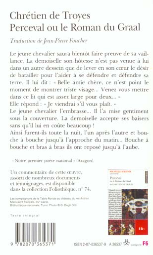 Back cover of Perceval ou le roman du Graal : continuations                     (cotraduction André Ortais ; préface Armand Hoog)