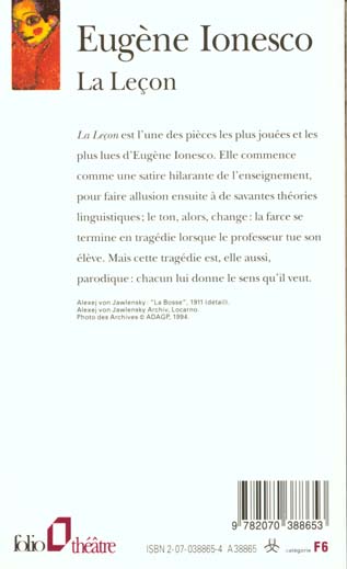 Back cover of La leçon