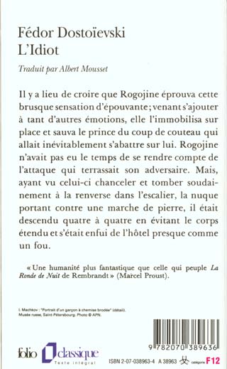 Back cover of L'idiot                     (préface Alain Besançon)