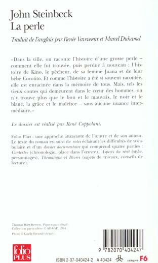 Back cover of La perle                     (dossier René Cappolani ; traduction conjointe Marcel Duhamel)