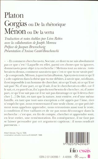 Back cover of Gorgias ou De la rhétorique - Ménon ou De la vertu