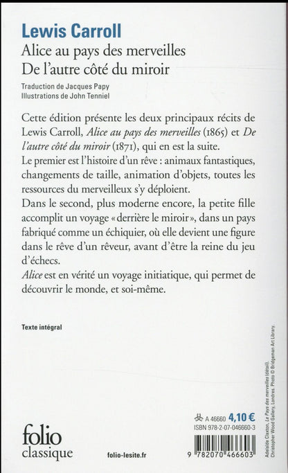 Back cover of Alice au pays des merveilles ; de l'autre côté du miroir                     (préface et notes Jean Gattégno)