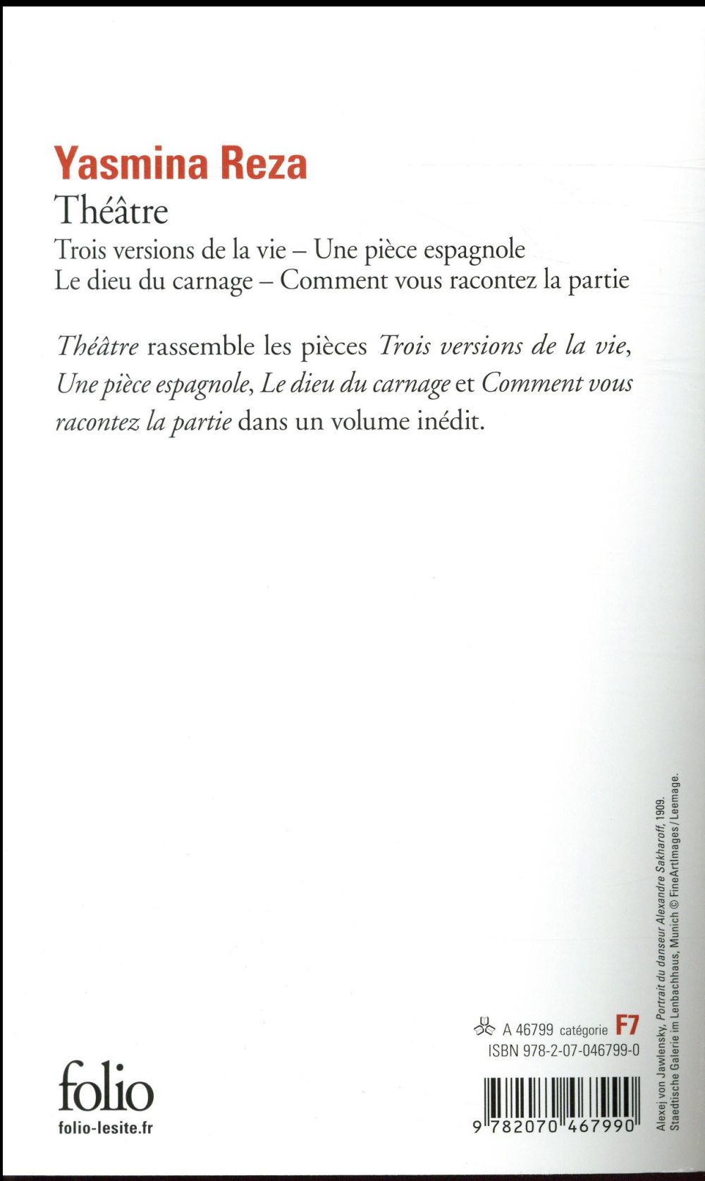 Back cover of Théâtre : trois versions de la vie, une pièce espagnole, le dieu du carnage, comment vous racontez la patrie