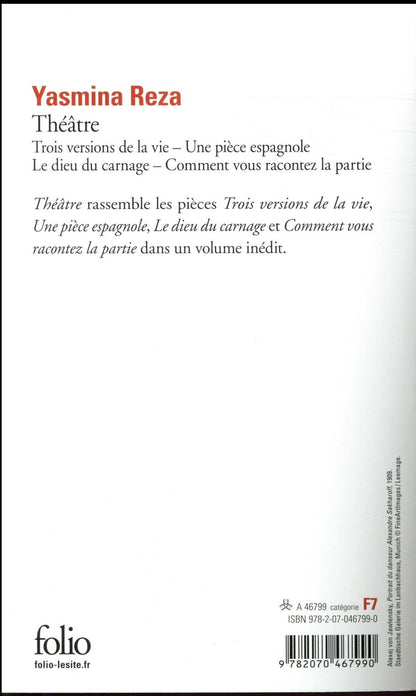 Back cover of Théâtre : trois versions de la vie, une pièce espagnole, le dieu du carnage, comment vous racontez la patrie