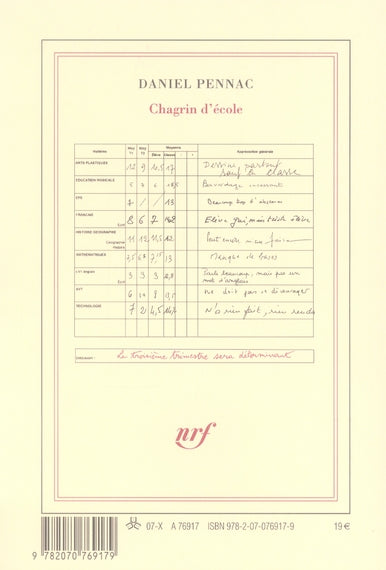 Back cover of Chagrin d'école                     (PRIX RENAUDOT 2007)