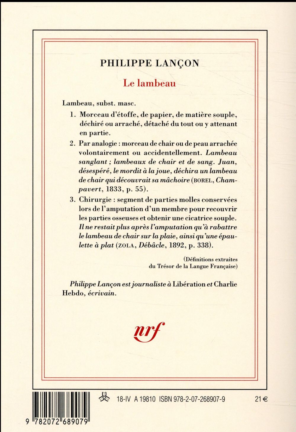 Back cover of Le lambeau                     (prix Femina 2018 ; prix spécial du jury Renaudot 2018)